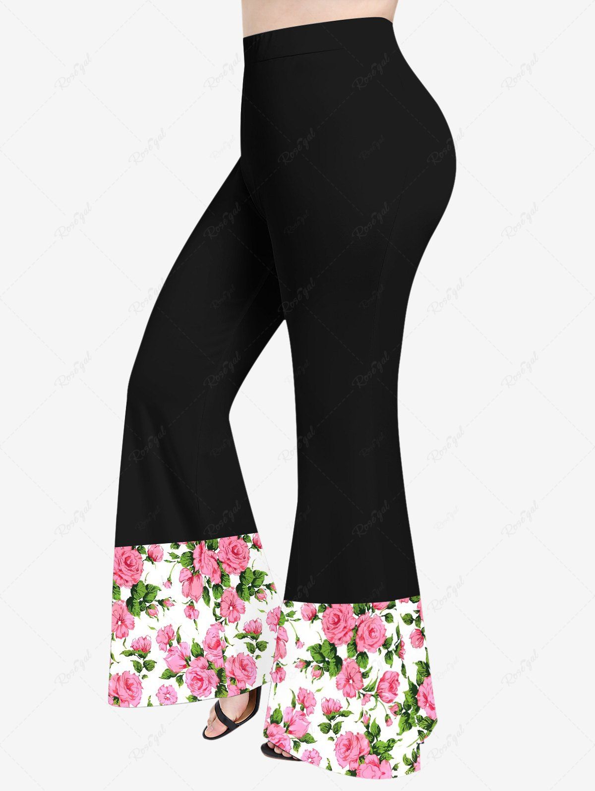 Trendy Plus Size Rose Flower Leaf Colorblock Print Flare Pants  