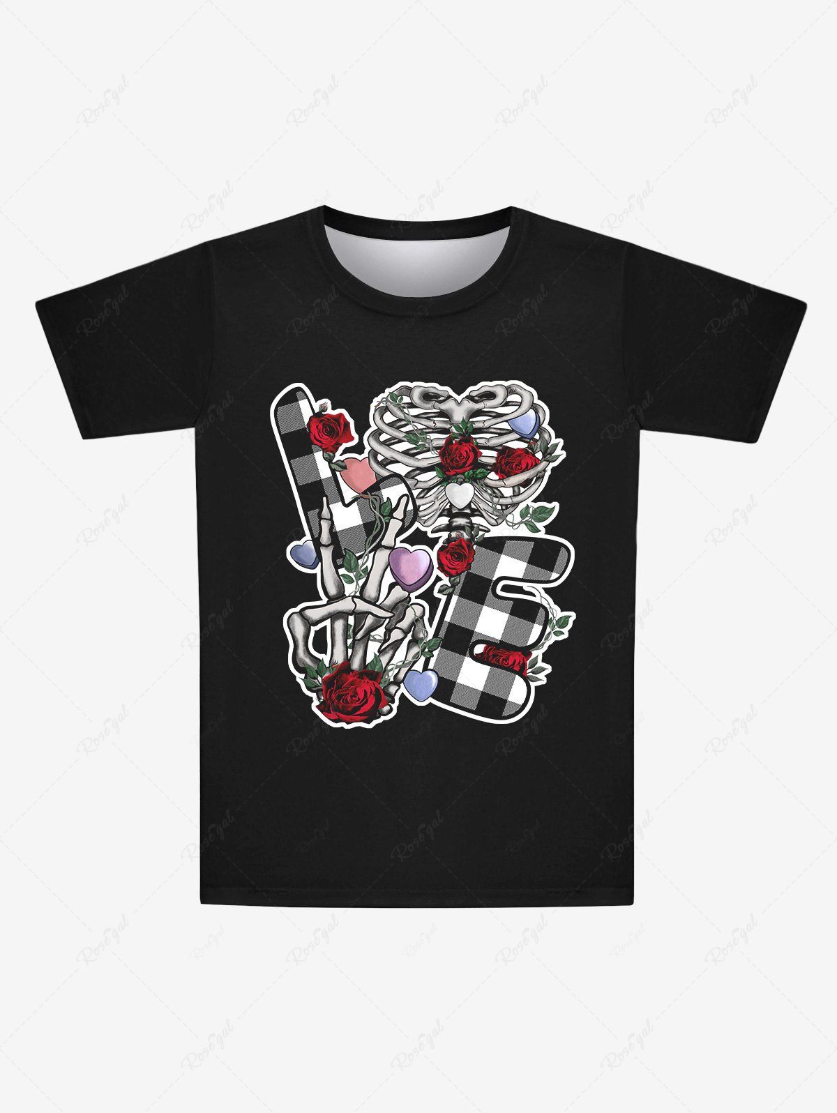T-shirt Gothique Imprimé Lettre Squelette et Fleur à Carreaux Cœur pour Saint-Valentin Noir 8XL