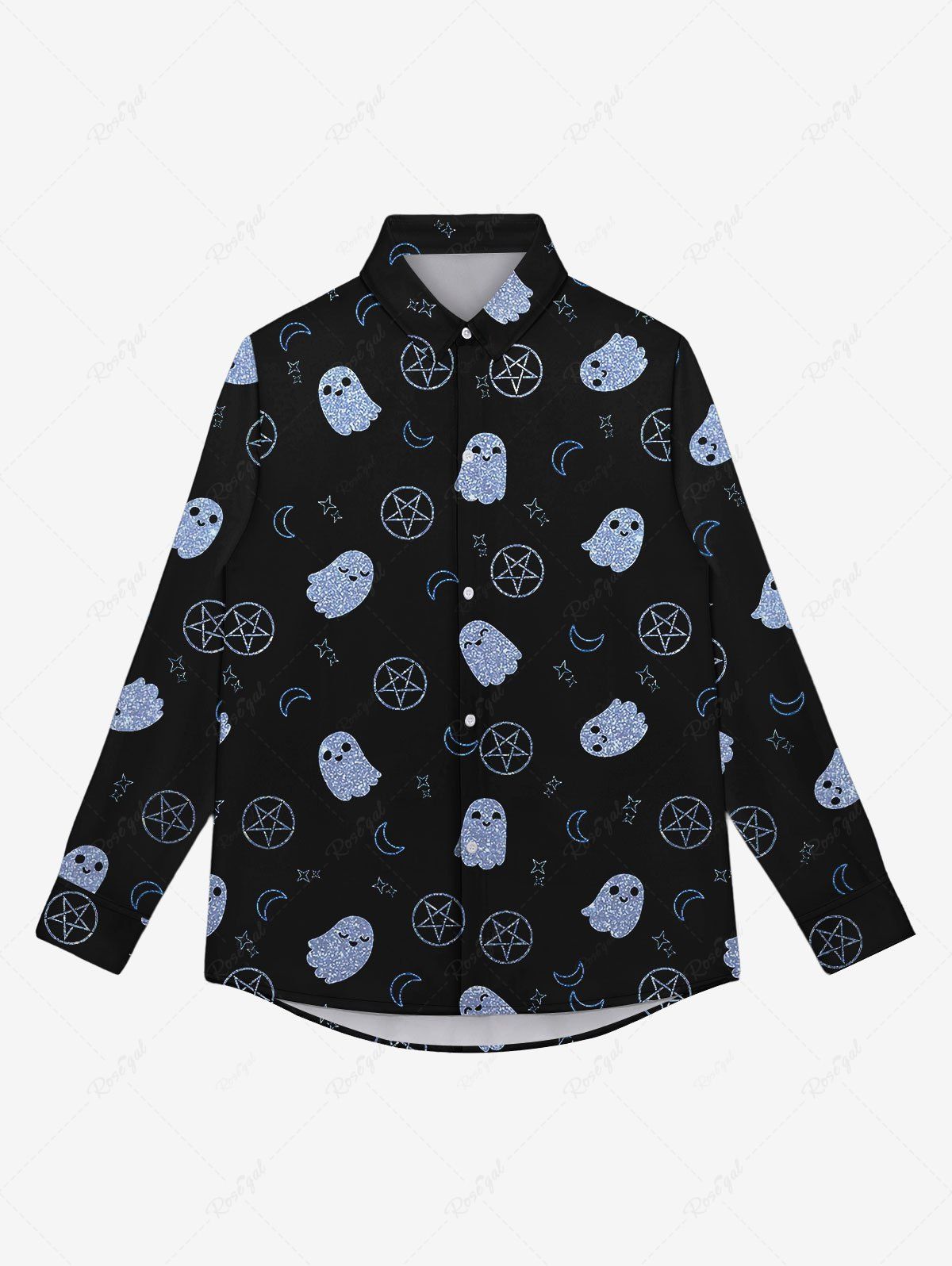 Fashion Gothic Turn-down Collar Cute Ghost Moon Star Printed Buttons Shirt For Men  