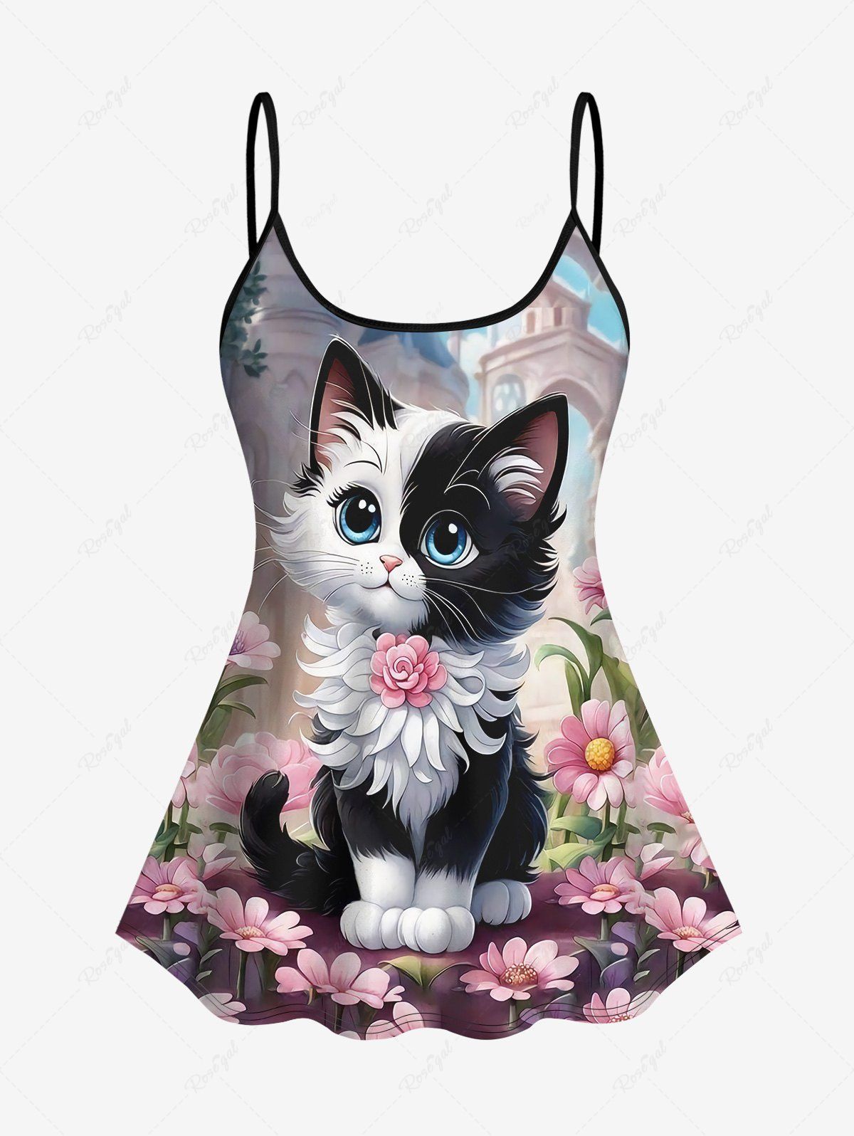 Discount Fashion Fluffy Cute Cat Flower Leaf Castle Print Ombre Tankini Top(Adjustable Shoulder Strap)  