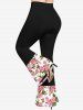 Plus Size Rose Flower Leaf Colorblock Print Flare Pants -  