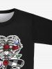 T-shirt Gothique Imprimé Lettre Squelette et Fleur à Carreaux Cœur pour Saint-Valentin - Noir XS