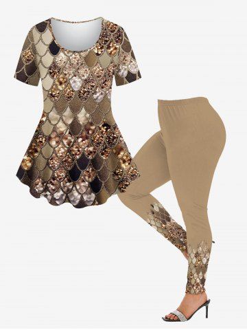 Mermaid Fish Scales Sparkling Sequin Glitter 3D Printed T-shirt and Leggings Plus Size Matching Set
