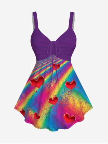 Plus Size Heart Rainbow Color Print Cinched Tank Top - PURPLE - 1X