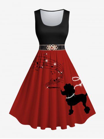 Plus Size Glitter Sparkling Rhinestone Buckle Music Symbol Dog Printed A Line Sleeveless Vintage Dress - DEEP RED - S