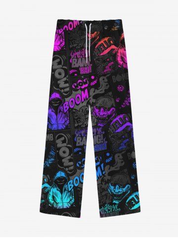 Gothic Colorful Ombre Skull Man Letters Colorblock Print Drawstring Wide Leg Sweatpants For Men - BLACK - 2XL