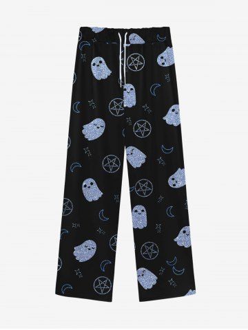 Gothic Cute Ghost Moon Star Print Drawstring Wide Leg Sweatpants For Men - BLACK - 8XL