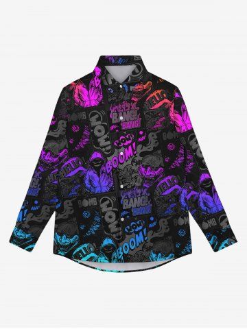 Gothic Turn-down Collar Colorful Ombre Skulls Man Letters Colorblock Print Buttons Shirt For Men - BLACK - 8XL