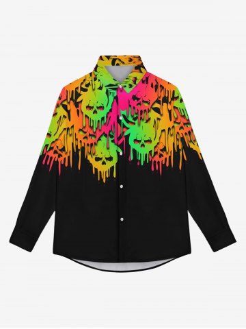 Gothic Turn-down Collar Ombre Paint Drop Skulls Print Full Buttons Shirt For Men - BLACK - 7XL