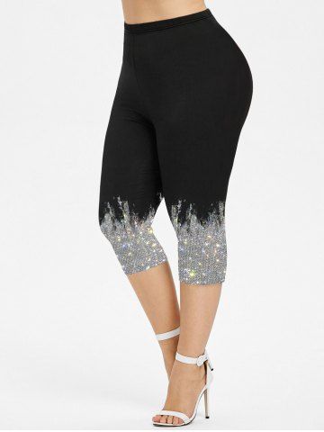 Plus Size Colorblock Sparkling Sequin Glitter 3D Print Capri Leggings