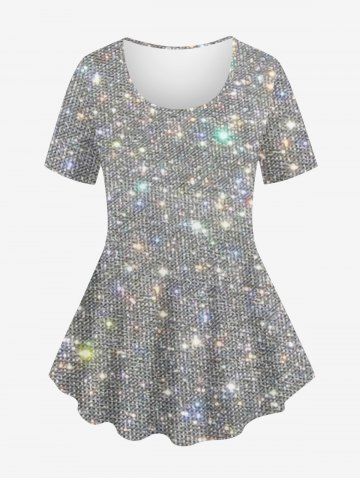 Plus Size Glitter Sparkling Sequin 3D Print Crew Neck T-shirt - SILVER - XS