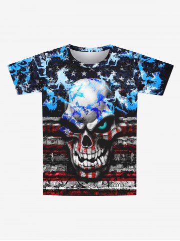 Gothic 3D Skull Striped Distressed Paint Pentagram Print Short Sleeves T-shirt For Men - BLACK - S