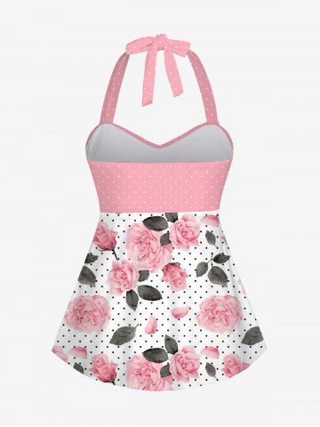 Flowers Dot Print Halter Twist Cinched Boyshort Tankini Set