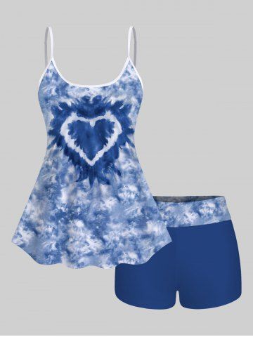 Tie Dye Heart Print Boyshort Tankini Set - BLUE - L
