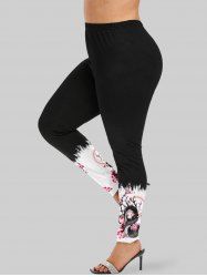 Plus Size Dragon Watercolor Peach Blossom Textured Print Skinny Leggings -  