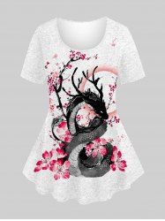 T-shirt Texturé Dragon Fleur à L'Aquarelle Imprimé de Grande Taille à Manches Courtes - Blanc 6X