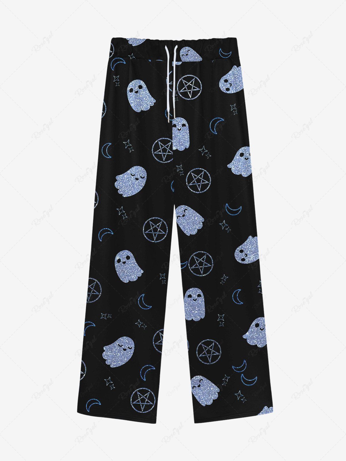 Fancy Gothic Cute Ghost Moon Star Print Drawstring Wide Leg Sweatpants For Men  