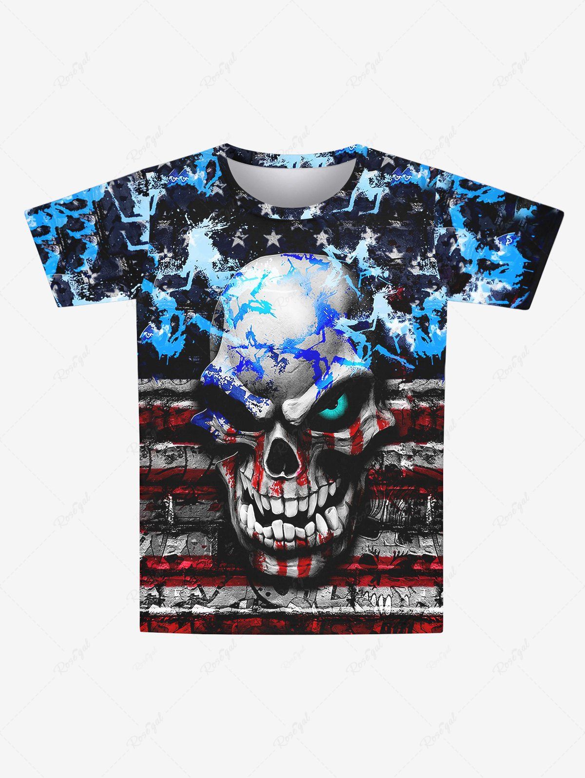 Store Gothic 3D Skull Striped Distressed Paint Pentagram Print Short Sleeves T-shirt For Men  