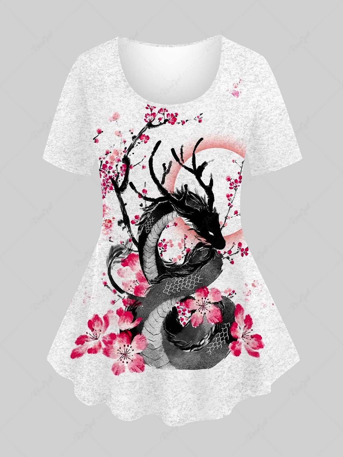 Trendy Plus Size Dragon Watercolor Peach Blossom Textured Print Short Sleeves T-shirt  