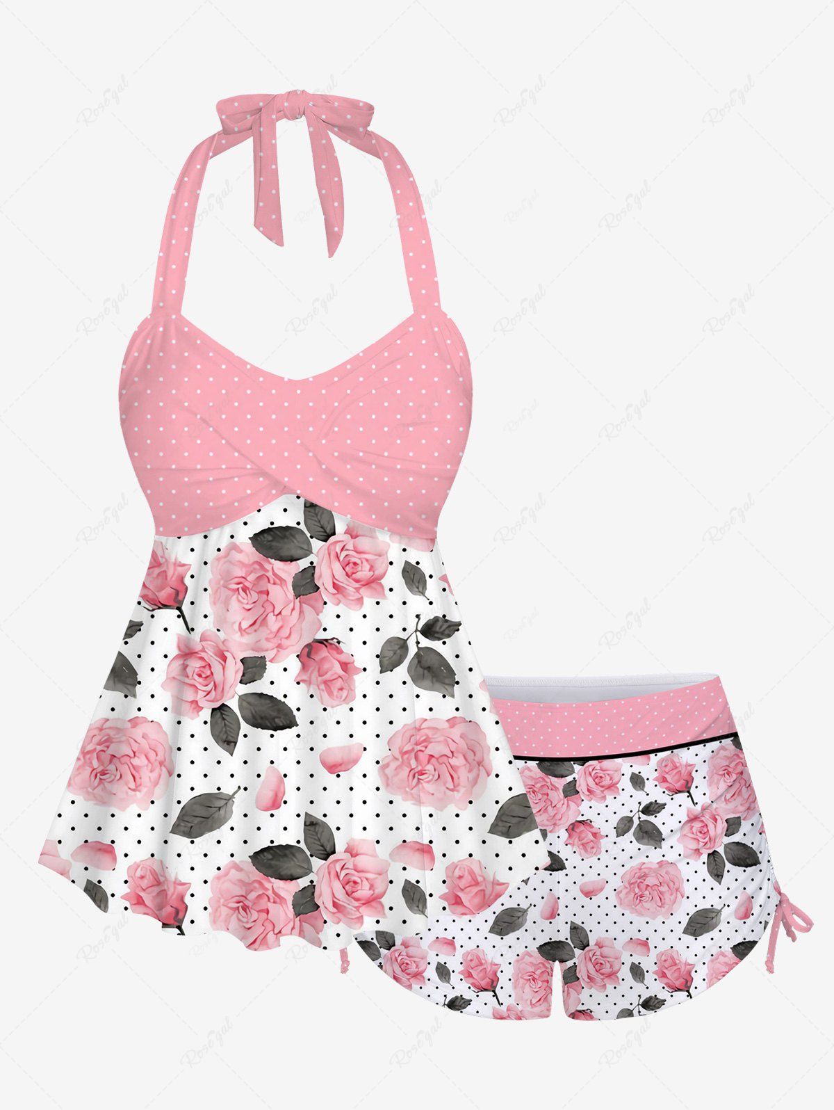 Ensemble de Tankini Plissé Fleur Imprimée Tordu à Pois à Col Halter Rose clair 4X