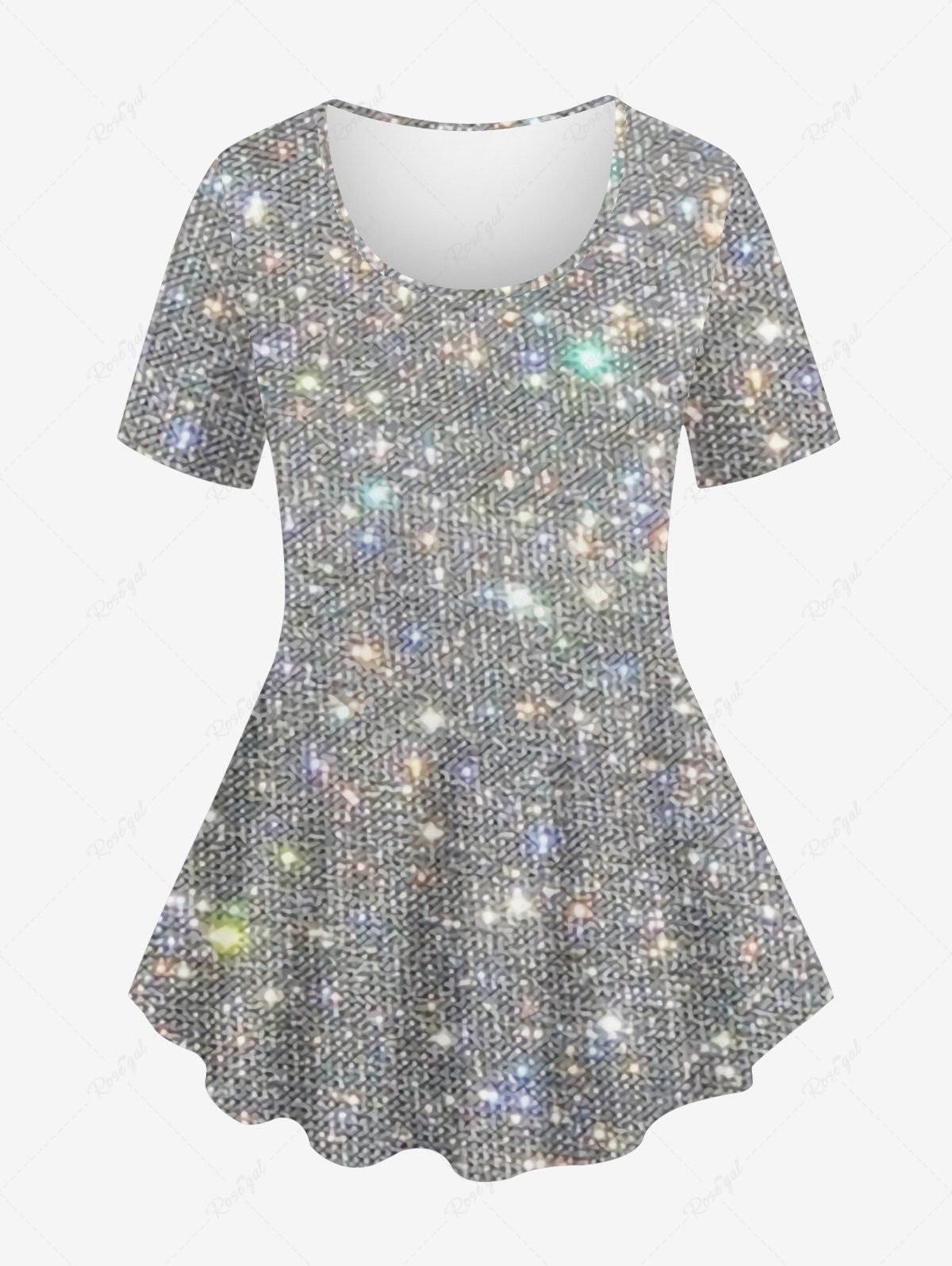 Buy Plus Size Glitter Sparkling Sequin 3D Print Crew Neck T-shirt  