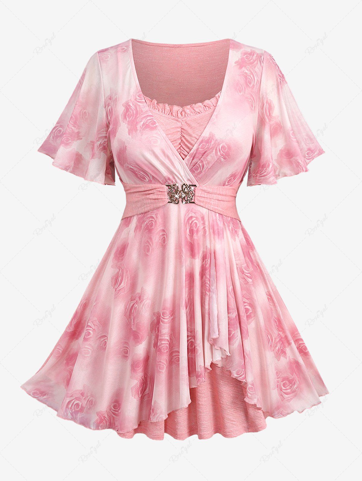 Outfits Plus Size Rose Flower Print Ruched Ruffles Tulip Hem Buckle Surplice 2 In 1 Top  