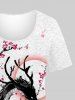 T-shirt Texturé Dragon Fleur à L'Aquarelle Imprimé de Grande Taille à Manches Courtes - Blanc 6X