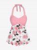 Flowers Dot Print Halter Twist Cinched Boyshort Tankini Set -  