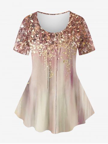 Plus Size 3D Distressed Ruined Leaf Branch Ombre Textured Printed Short Sleeves T-shirt - LIGHT PINK - 1X