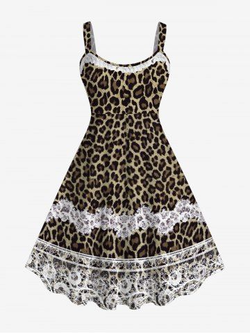 Plus Size Floral Lace Trim Leopard Print Backless A Line Tank Dress - COFFEE - XS