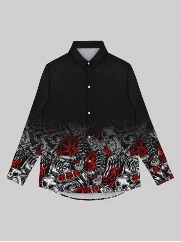 Gothic Turn-down Collar Skulls Wheel Telescope Hair Dryer Spring Fire Print Ombre Buttons Shirt For Men - BLACK - 8XL