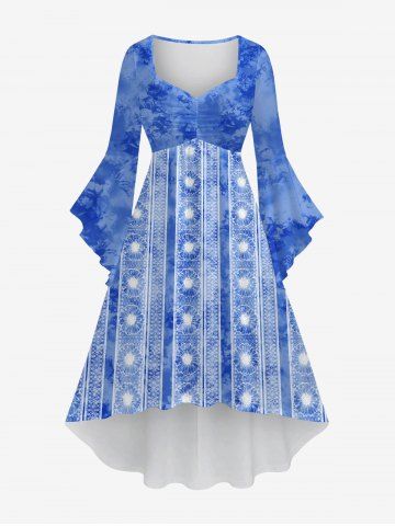 Plus Size Flare Sleeves Daisy Striped Tie Dye Ombre High Low Asymmetric Ruched A Line Dress - BLUE - XS
