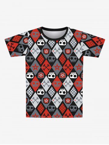Gothic Skulls Plaid Pentagram Geometric Colorblock Print Short Sleeves T-shirt For Men - MULTI-A - L