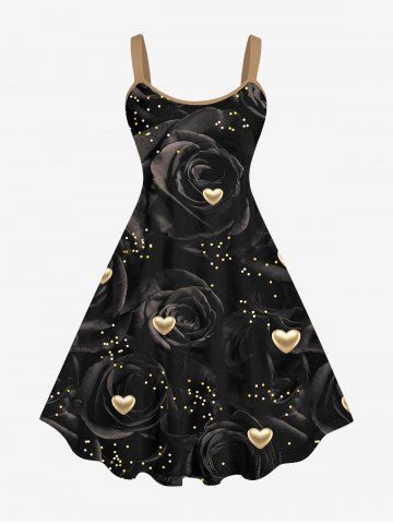Plus Size 3D Rose Flower Glitter Gold Heart Print Valentines A Line Backless Tank Dress - BLACK - 2X
