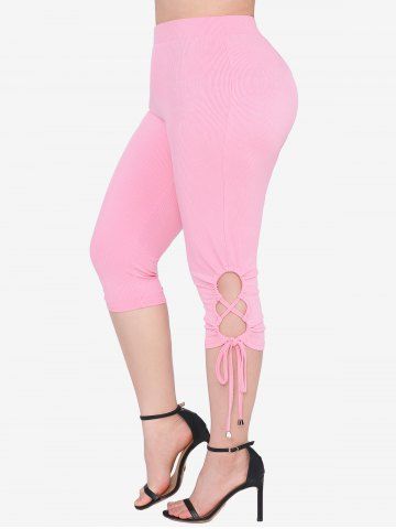 Plus Size Lace Up Braided Cinched Tied Side Solid Ribbed Capri Leggings - LIGHT PINK - M | US 10