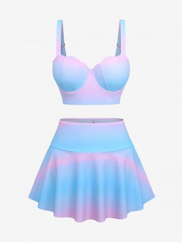 Plus Size Ombre Colorblock Print Shell Skirt Tankini Set - LIGHT BLUE - L | US 12