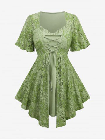 Plus Size Flutter Sleeves Floral Lace Overlay Lace-up Ruffles Layered Asymmetric 2 in 1 Top - LIGHT GREEN - 3X | US 22-24