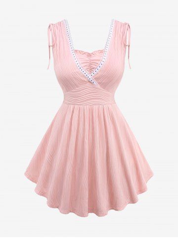Plus Size Ruffles Ruched Cinched Shoulder Rivet Lace Trim Ribbed Textured Tank Top - LIGHT PINK - M | US 10