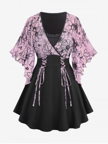 Plus Size Flutter Sleeves Floral Mesh Flocking Lace Up Lace-trim Patchwork 2 in 1 Top