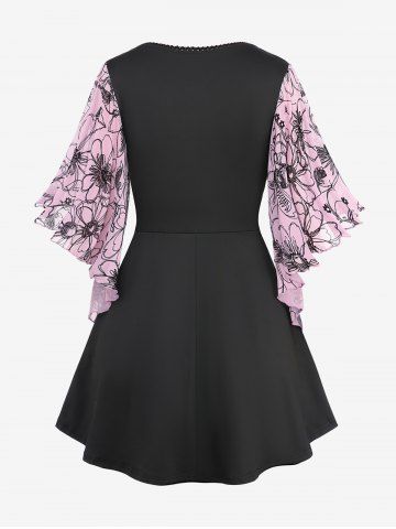 Plus Size Flutter Sleeves Floral Mesh Flocking Lace Up Lace-trim Patchwork 2 in 1 Top