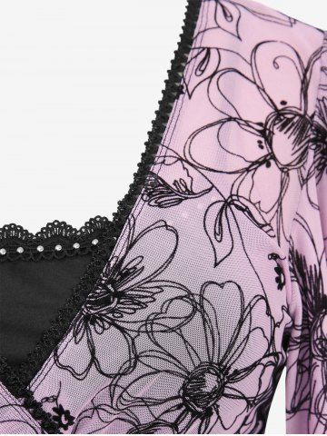 Plus Size Flutter Sleeves Floral Mesh Flocking Lace Up Lace-trim Patchwork 2 in 1 Top