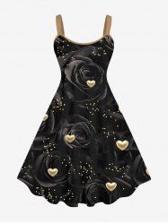 Plus Size 3D Rose Flower Glitter Gold Heart Print Valentines A Line Backless Tank Dress -  