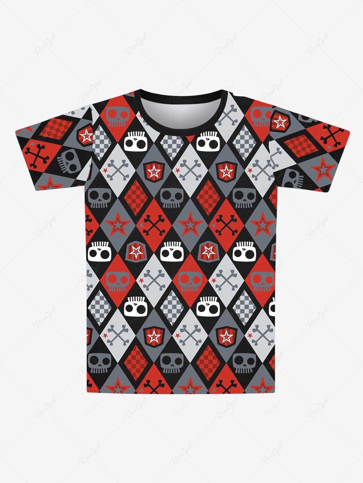 Unique Gothic Skulls Plaid Pentagram Geometric Colorblock Print Short Sleeves T-shirt For Men  