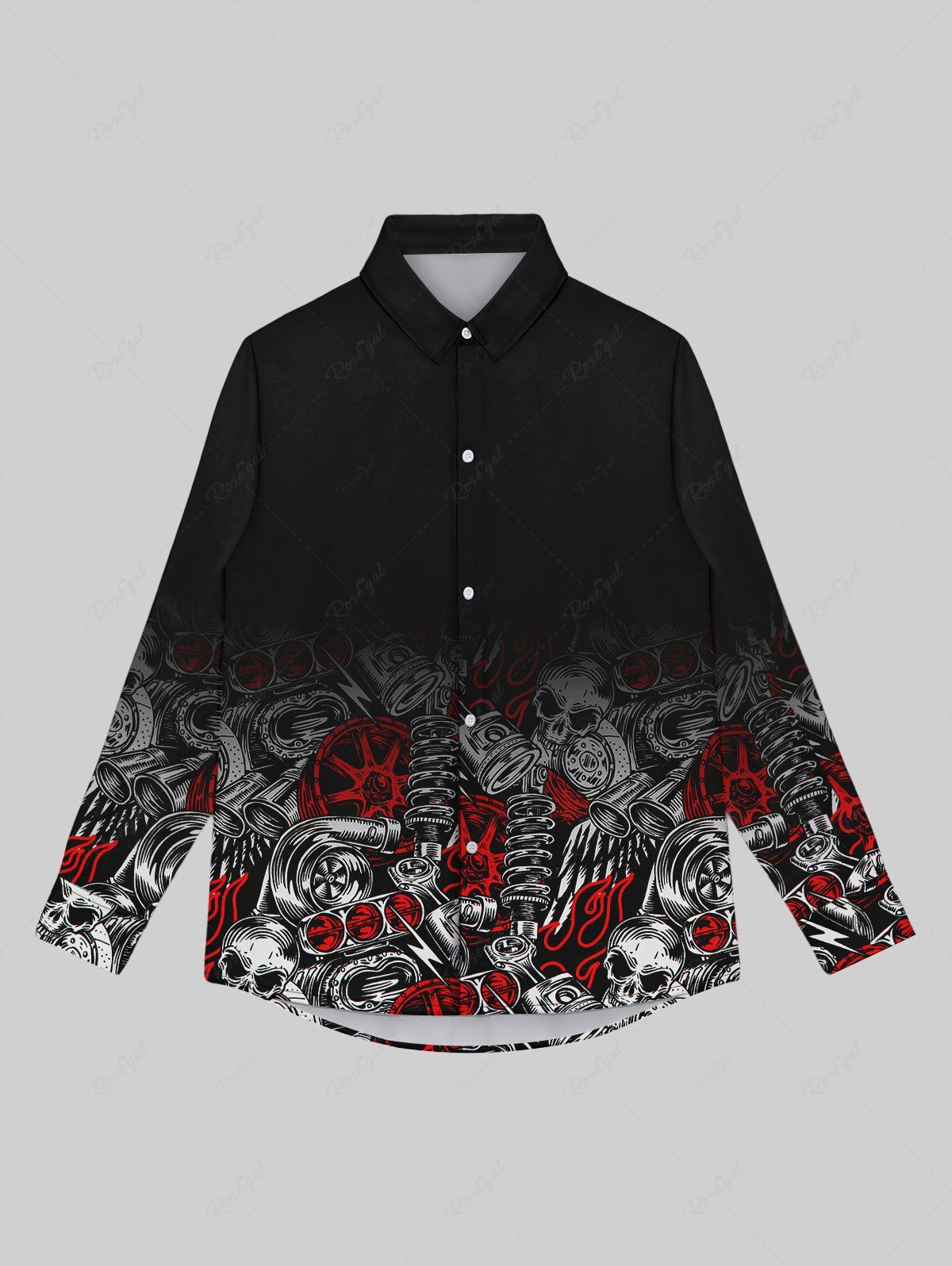 Affordable Gothic Turn-down Collar Skulls Wheel Telescope Hair Dryer Spring Fire Print Ombre Buttons Shirt For Men  
