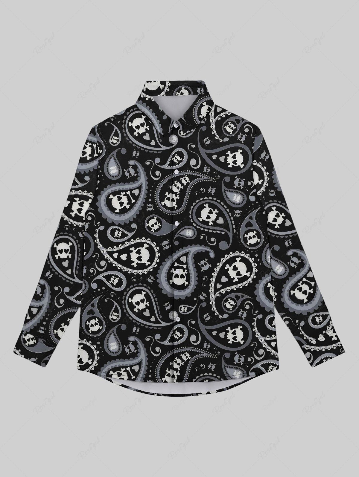 Best Gothic Turn-down Collar Paisley Skulls Heart Bone Print Buttons Shirt For Men  
