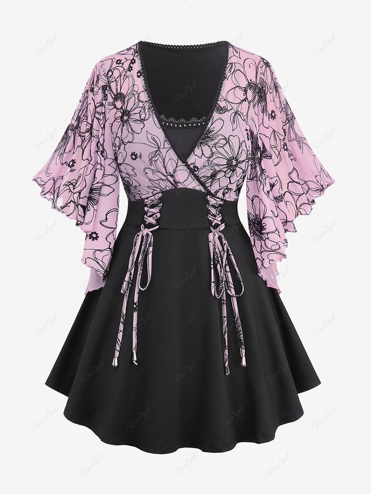 Affordable Plus Size Flutter Sleeves Floral Mesh Flocking Lace Up Lace-trim Patchwork 2 in 1 Top  