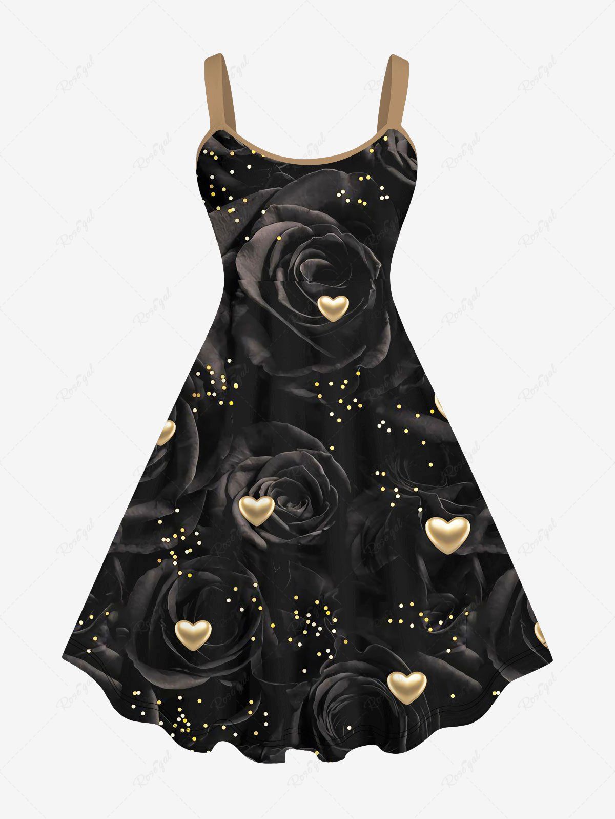 Sale Plus Size 3D Rose Flower Glitter Gold Heart Print Valentines A Line Backless Tank Dress  