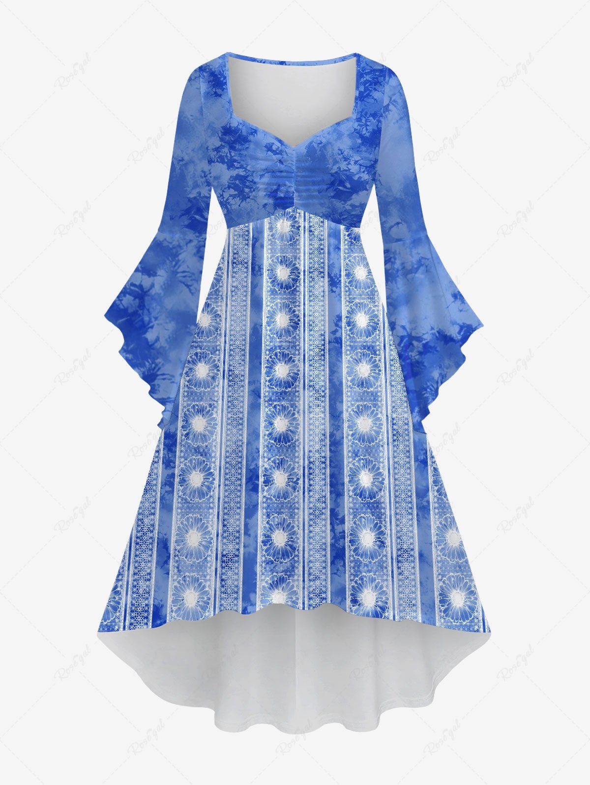 New Plus Size Flare Sleeves Daisy Striped Tie Dye Ombre High Low Asymmetric Ruched A Line Dress  