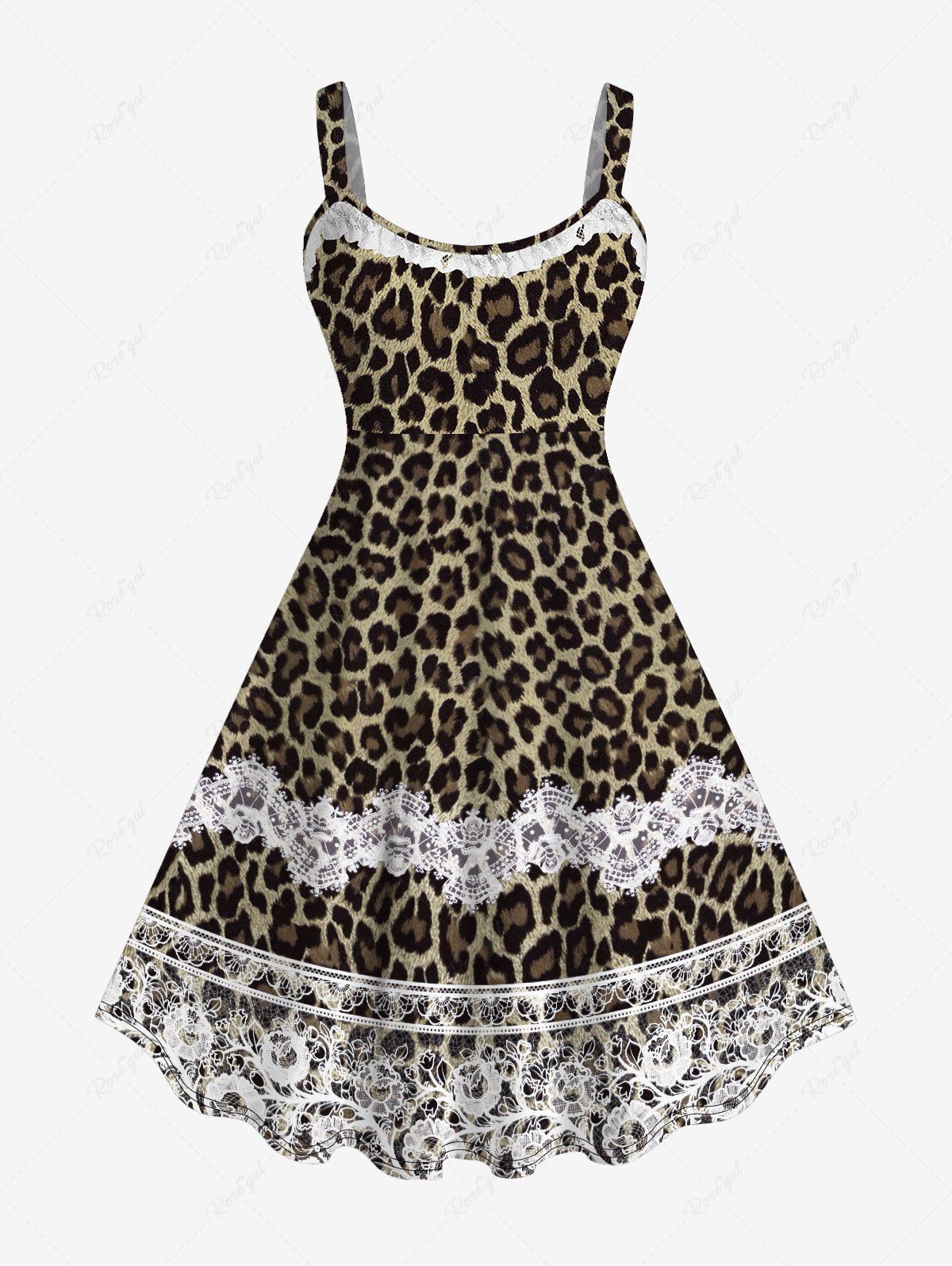 Fancy Plus Size Floral Lace Trim Leopard Print Backless A Line Tank Dress  