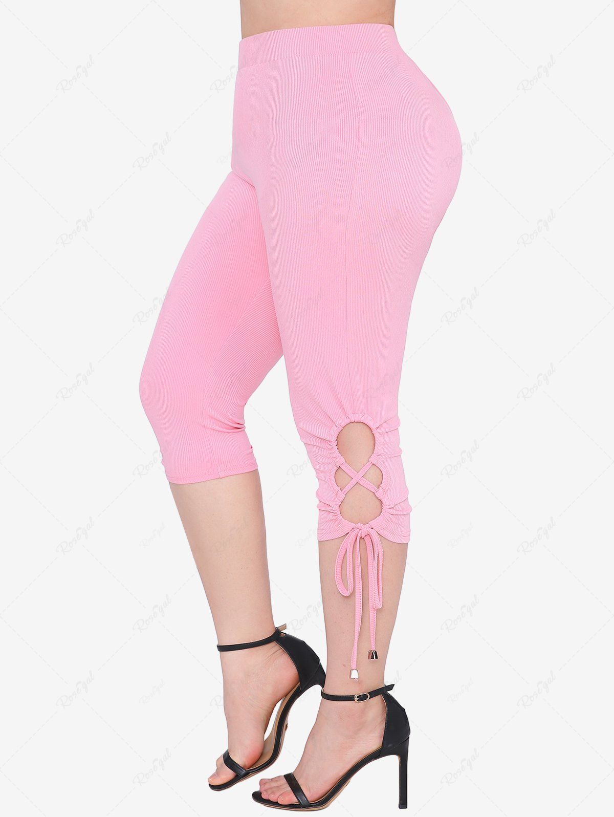Fashion Plus Size Lace Up Braided Cinched Tied Side Solid Ribbed Capri Leggings  